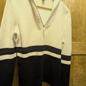 Sweater, 2 Tone, Quarter Zip, Navy Blue/White, Striped, Size L, Ralph Lauren